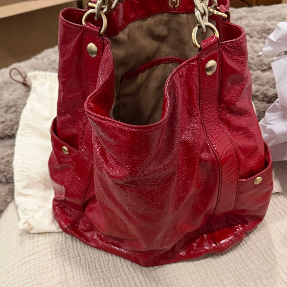 Michael Kors Red Patent Leather Shoulder Bag with Gold Accents - Picture 7 of 9